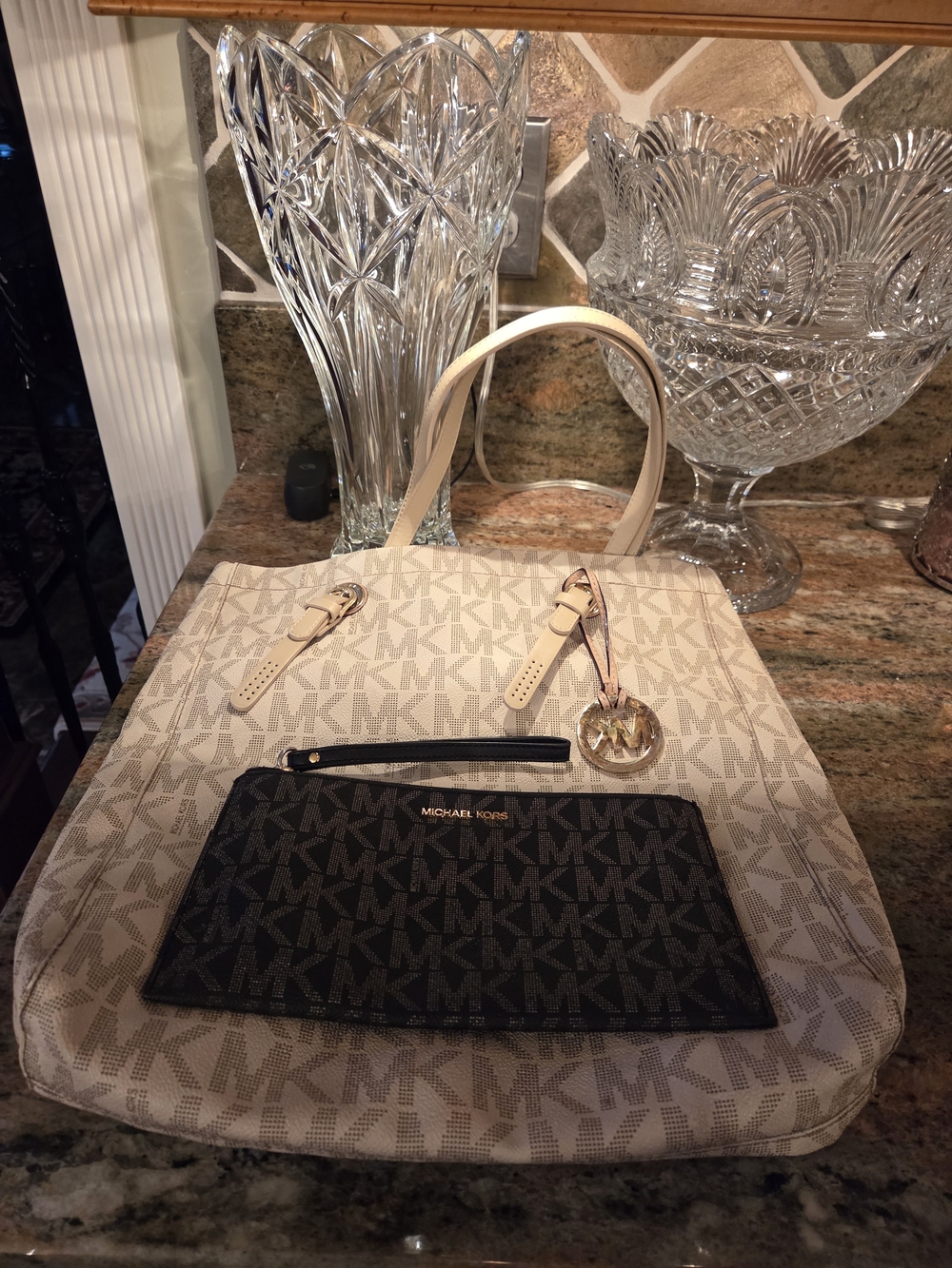 Michael Kors Beige Logo Tote with Black Wristlet